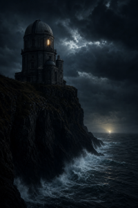 Stormy observatory on a sea cliff at night, sample cover for The Observatory at Wren Point